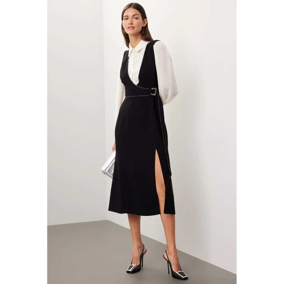 Cinq a Sept Ambre Dress Black Ivory Layered Wrap Belt Midi Long Sleeve Sz 8 - Picture 1 of 16